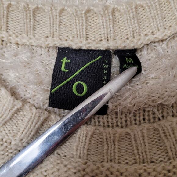 T/O Sweaters Knit Sweater Dress Women Sz M Neutral Taupe Beige 3/4 Sleeve Fuzzy - Picture 5 of 10